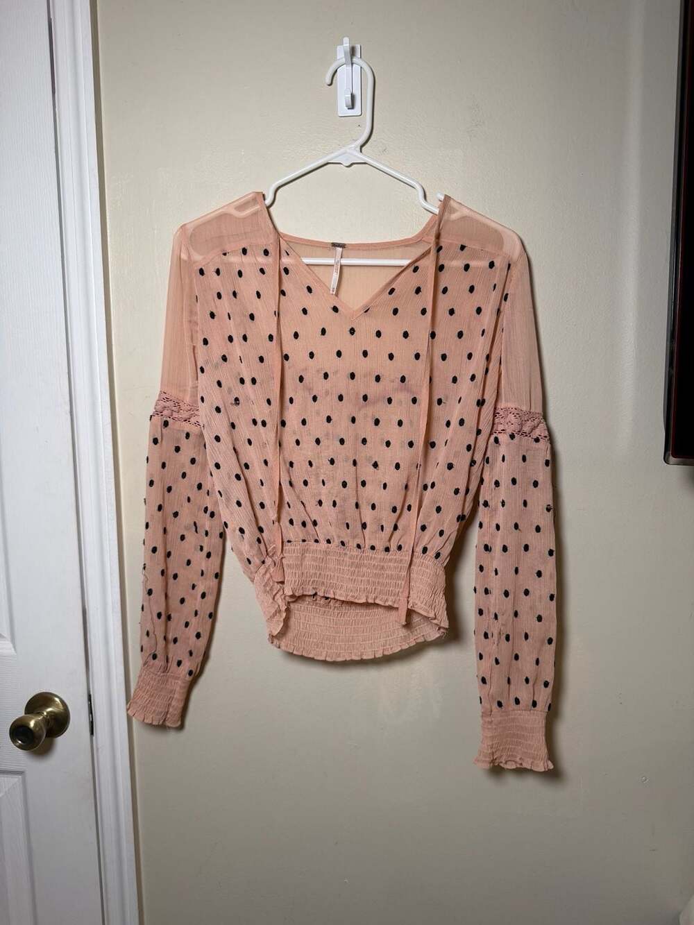 Free People Polka Dot Blouse Size XS Pink Black Long Sleeve Sheer